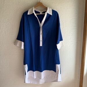 Cynthia Rowley Royal Blue and White 3/4 Sleeve Linen Blend Tunic Dress Size Med